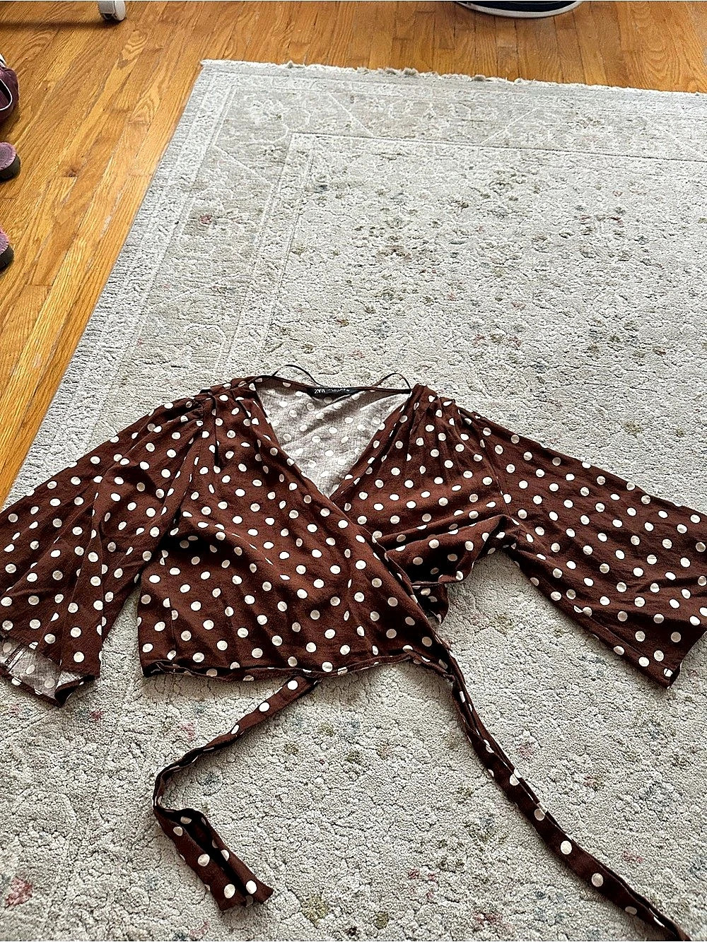 Zara Polka Dot Wrap Blouse in Brown & White Like New